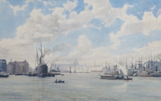 J. R. Way, watercolour, London docks, signed and dated '88, 21 x 34cm. Condition - fair to good
